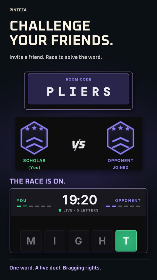 A Duo match: room code PLIERS, two Scholar ranks facing each other, and the live race