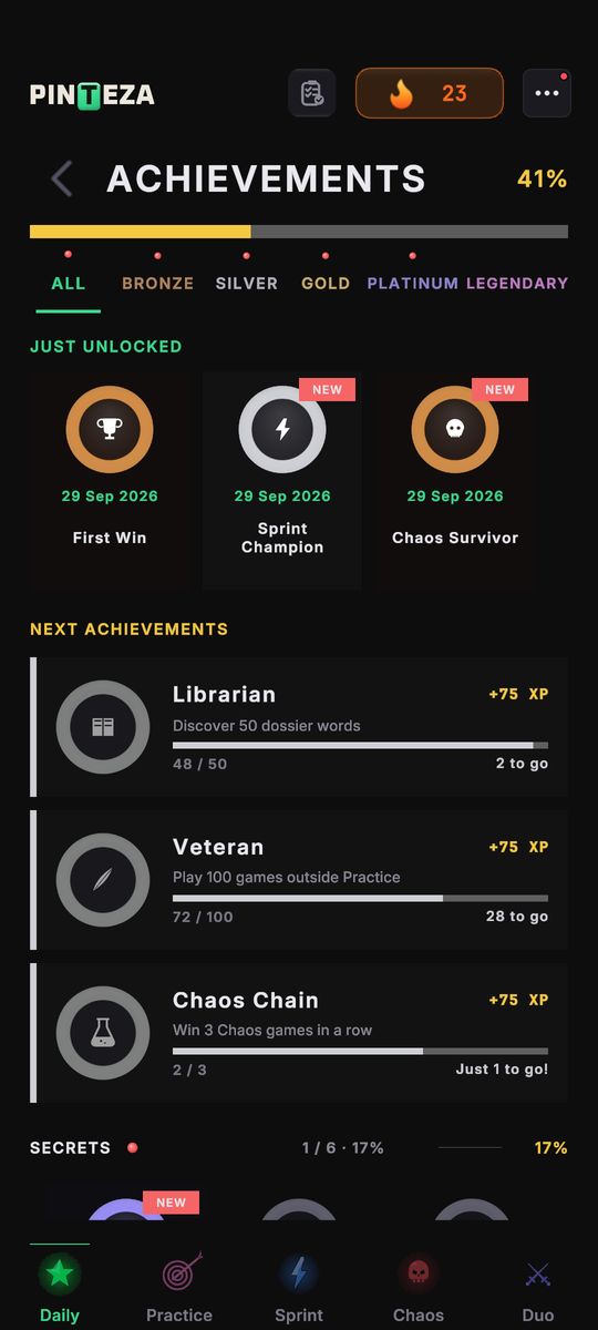 The achievements screen with earned medals
