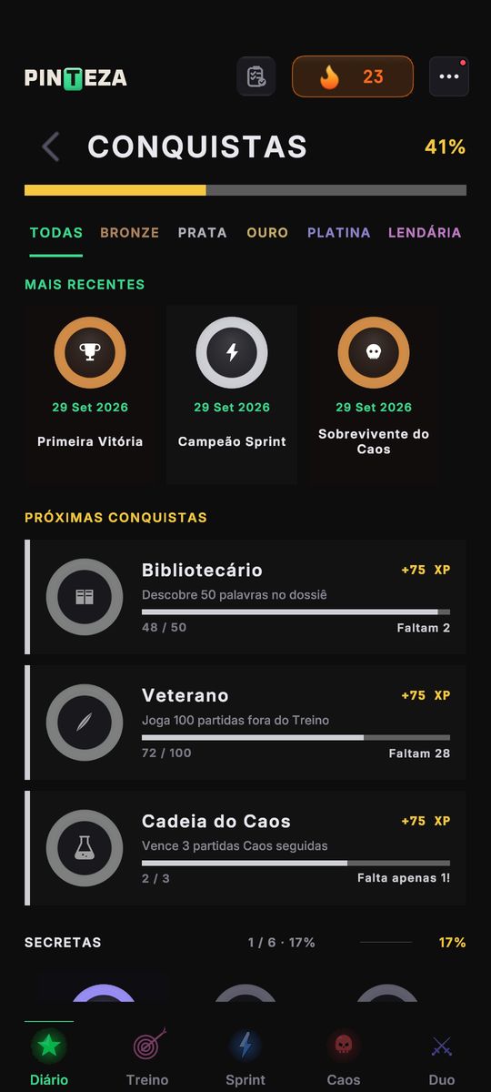 O ecrã de conquistas com medalhas ganhas